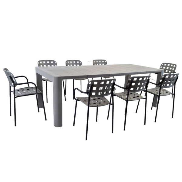Europa Leisure Henrik 220 Dining Table In Nickel Grey With 8 Karin Armchairs In Nickel Grey Black - Europa Leisure (UK)