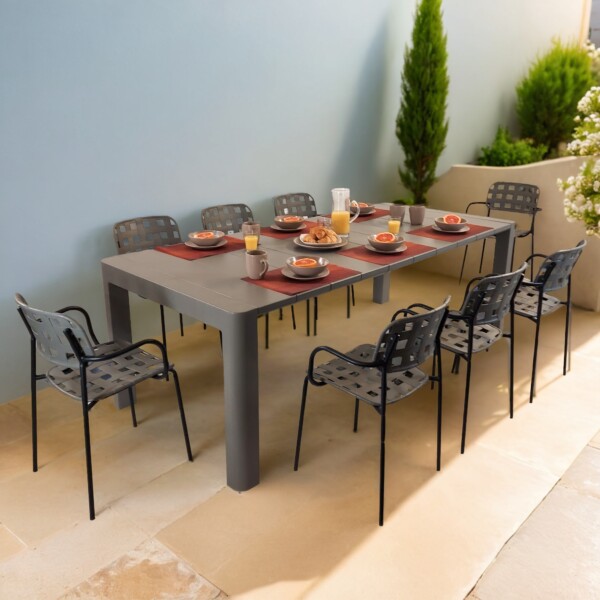 europa leisure Henrik 220 Dining Table in Nickel Grey with 8 Karin Armchairs in Nickel Grey Black - Europa Leisure (UK)