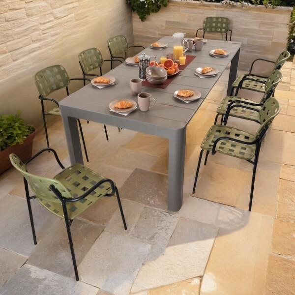 europa leisure Henrik 220 Dining Table in Nickel Grey with 8 Karin Armchairs in Avocado & Black - Europa Leisure (UK)