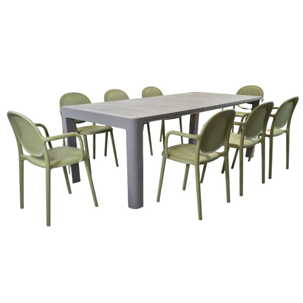Europa Leisure Henrik 220 Dining Table In Nickel Grey With 8 Stina Armchairs In Avocado - Europa Leisure (UK)