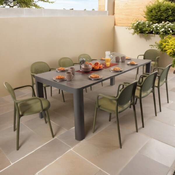 europa leisure Henrik 220 Dining Table in Nickel Grey with 8 Stina Armchairs in Avocado - Europa Leisure (UK)