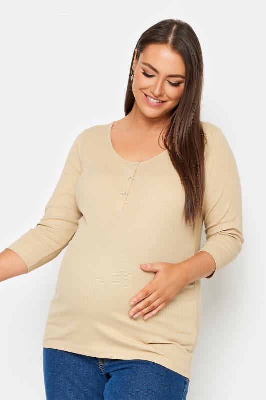 evans BUMP IT UP MATERNITY Curve Beige Brown Ribbed Popper Fastening Top