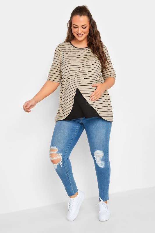 Evans BUMP IT UP MATERNITY Curve Beige Brown Stripe Print Nursing Top