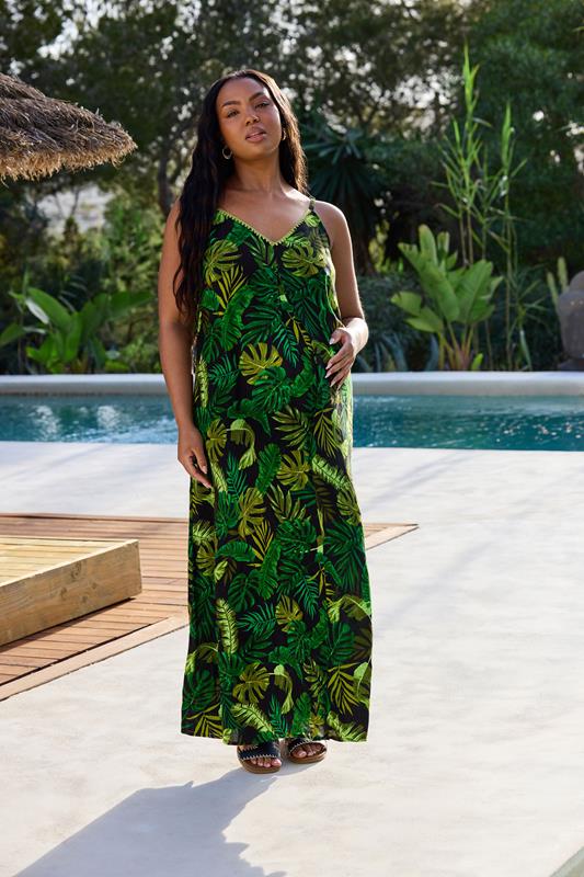 evans BUMP IT UP MATERNITY Curve Black & Green Palm Print V-Neck Dress