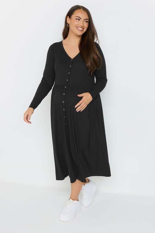 evans BUMP IT UP MATERNITY Curve Black Premium Ribbed Button Through Dress