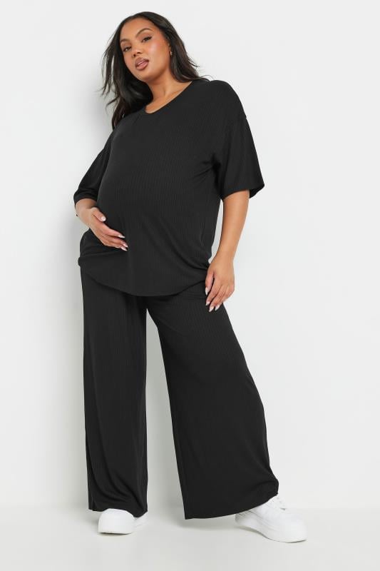 Evans BUMP IT UP MATERNITY Curve Black Premium Ribbed Wide Leg Trousers