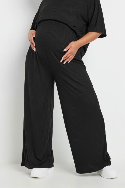 evans BUMP IT UP MATERNITY Curve Black Premium Ribbed Wide Leg Trousers