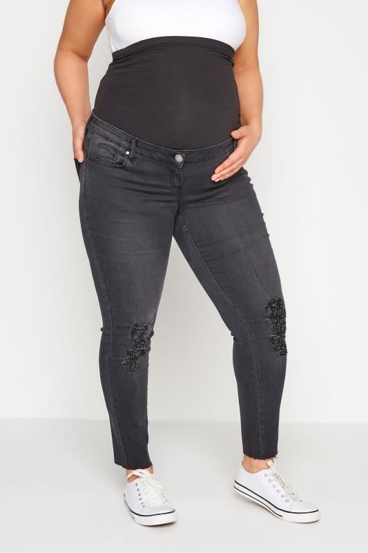 evans BUMP IT UP MATERNITY Curve Black Washed Ripped AVA Jeans With Comfort Panel & Stretch