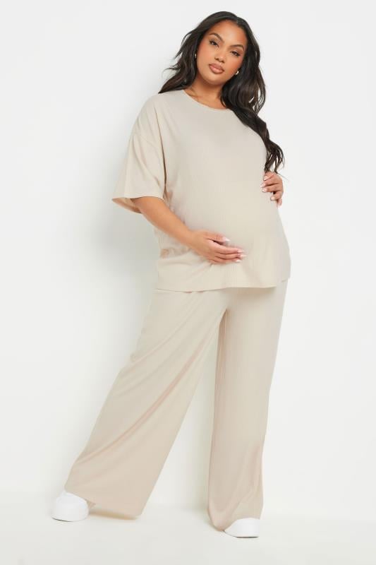 Evans BUMP IT UP MATERNITY Curve Cream Premium Modal Ribbed Wide Leg Trousers