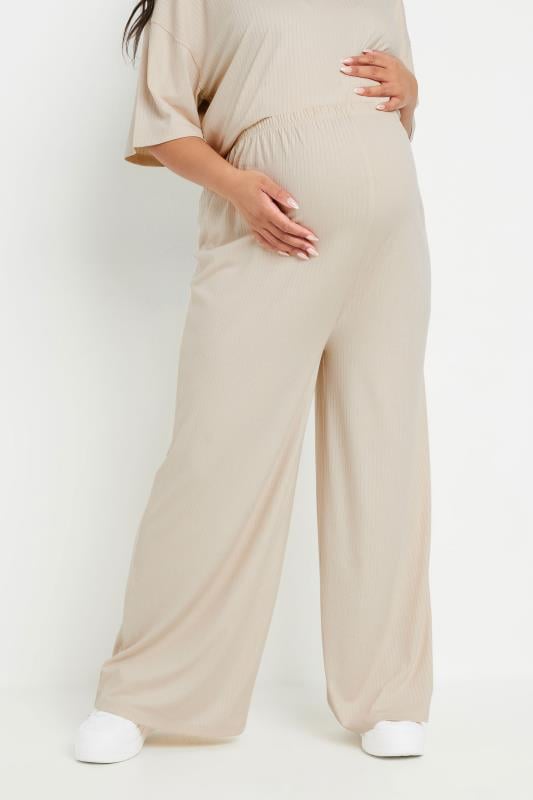 evans BUMP IT UP MATERNITY Curve Cream Premium Modal Ribbed Wide Leg Trousers