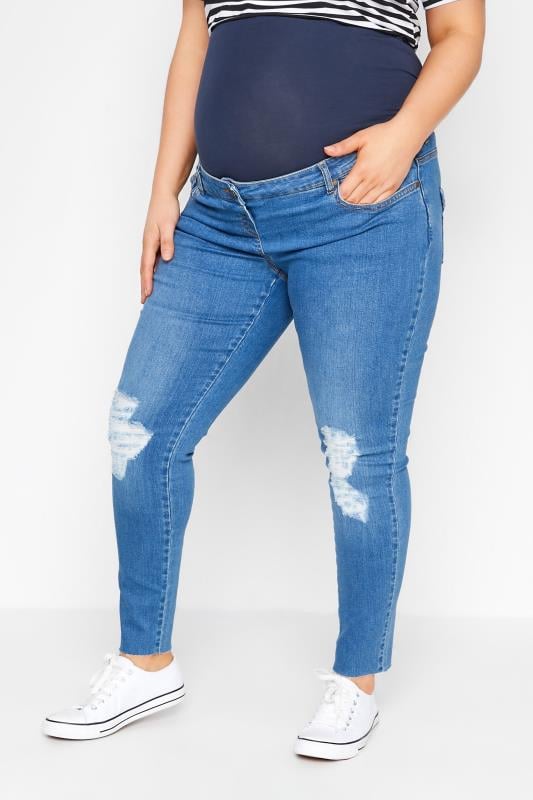 evans BUMP IT UP MATERNITY Curve Light Blue Ripped Stretch AVA Jeans With Comfort Panel