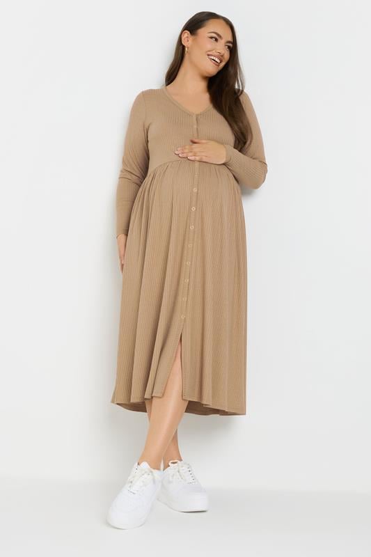 Evans BUMP IT UP MATERNITY Curve Natural Brown Premium Ribbed Button Through Dress