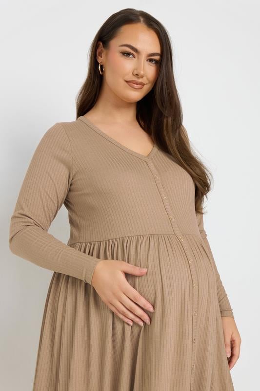 Evans BUMP IT UP MATERNITY Curve Natural Brown Premium Ribbed Button Through Dress