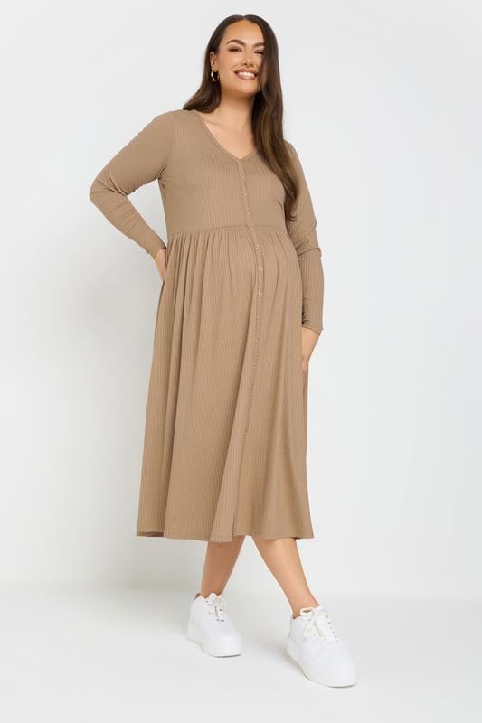 evans BUMP IT UP MATERNITY Curve Natural Brown Premium Ribbed Button Through Dress