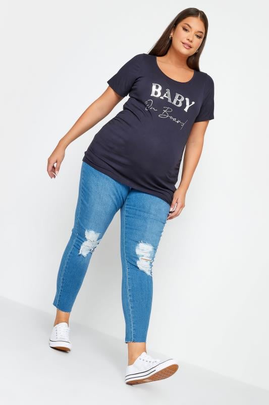 Evans BUMP IT UP MATERNITY Curve Navy Blue 'Baby On Board' Slogan T-shirt