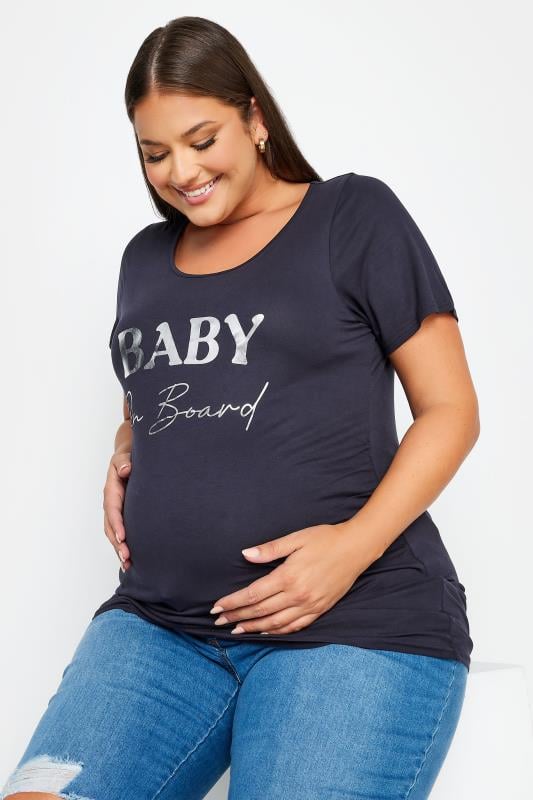 Evans BUMP IT UP MATERNITY Curve Navy Blue 'Baby On Board' Slogan T-shirt