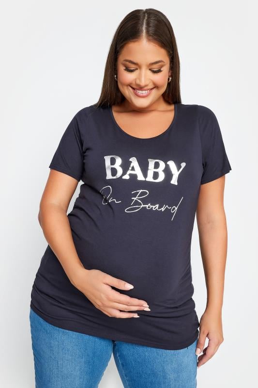 evans BUMP IT UP MATERNITY Curve Navy Blue 'Baby On Board' Slogan T-shirt