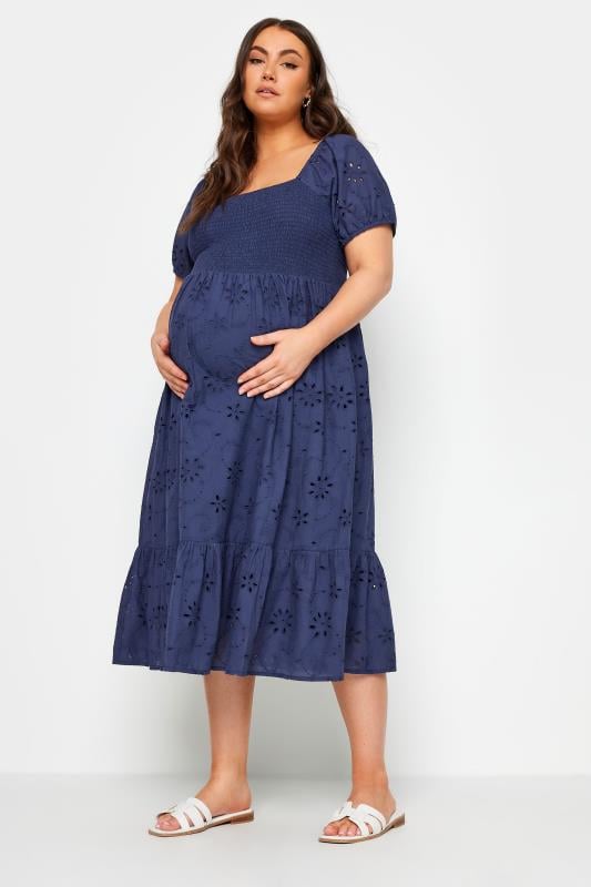 Evans BUMP IT UP MATERNITY Curve Navy Blue Cotton Broderie Midi Dress