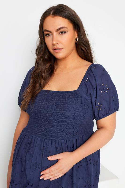 Evans BUMP IT UP MATERNITY Curve Navy Blue Cotton Broderie Midi Dress