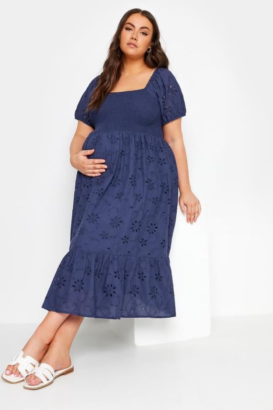 evans BUMP IT UP MATERNITY Curve Navy Blue Cotton Broderie Midi Dress