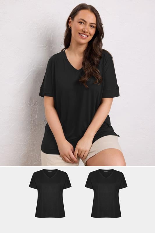 evans EVANS 2 PACK Curve Black V-Neck Modal Rich T-Shirts