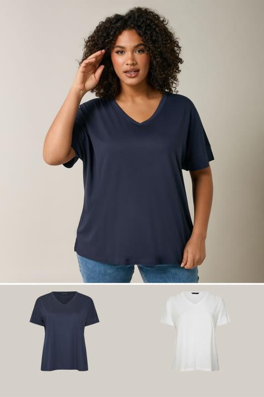 evans EVANS 2 PACK Curve Navy Blue & White V-Neck Modal Rich T-Shirts