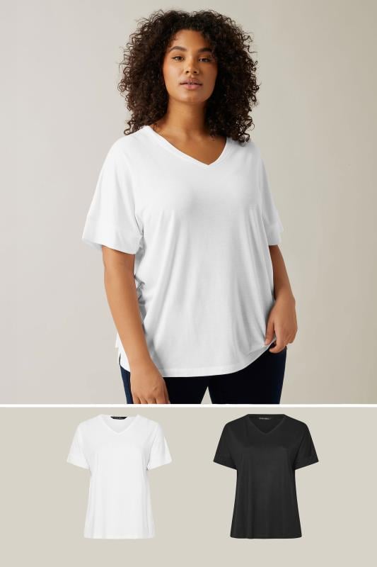 evans EVANS 2 PACK Curve White & Black V-Neck Modal Rich T-Shirts