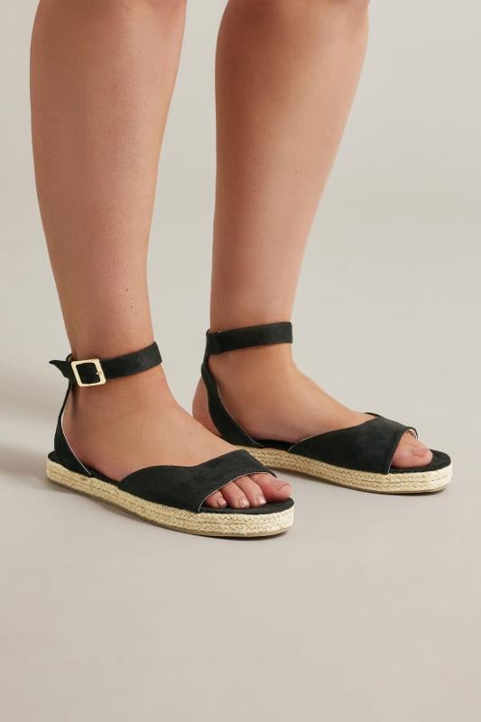 evans Evans Black EXTRA WIDE FIT Flatform Espadrille Sandals