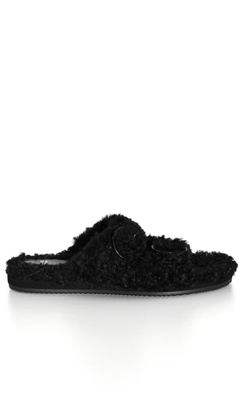 Evans Evans Black Faux Fur Buckle Sliders In Wide E Fit