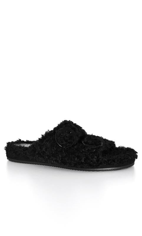 evans Evans Black Faux Fur Buckle Sliders In Wide E Fit