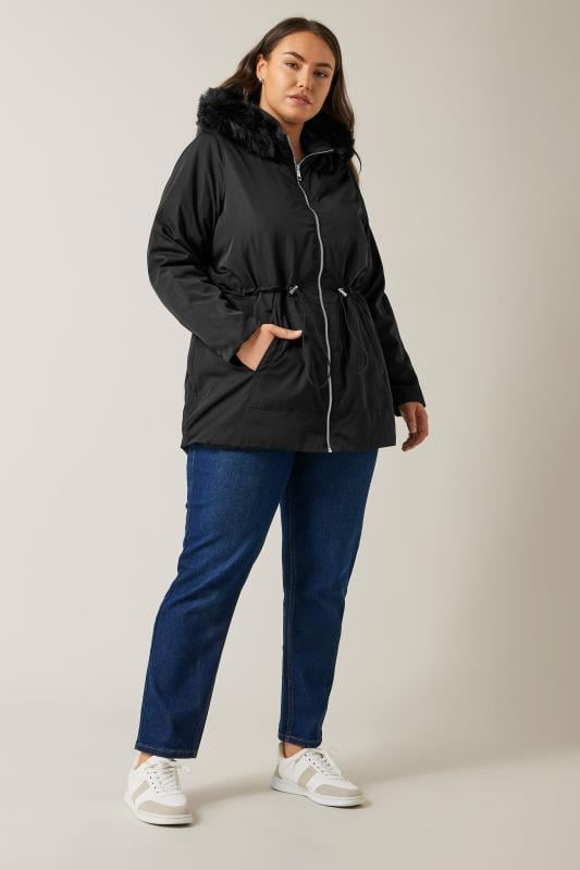 Evans Evans Black Faux Fur Collared Lightweight Coat