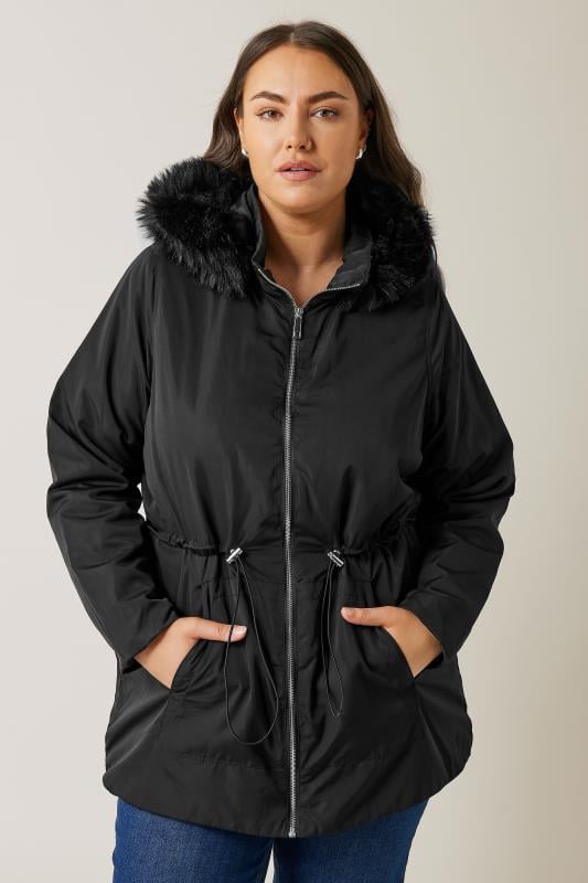 evans Evans Black Faux Fur Collared Lightweight Coat