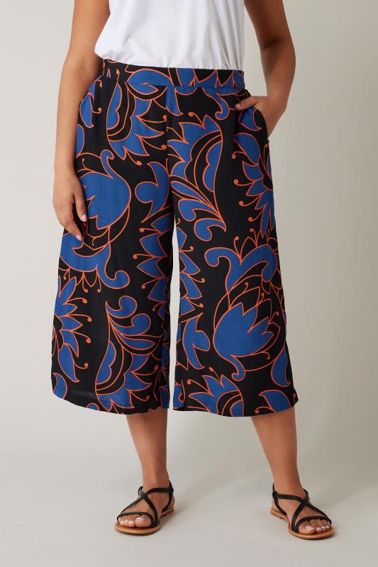 evans EVANS Curve Black Abstract Print Crepe Wide Leg Trousers