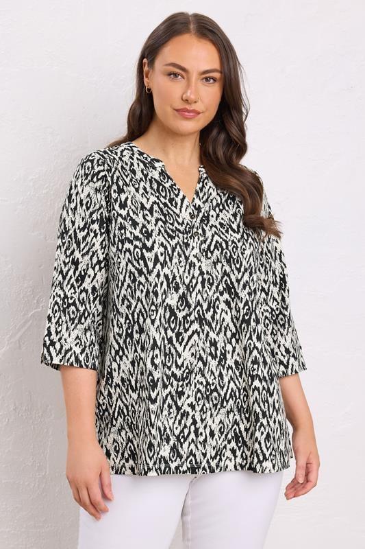 evans EVANS Curve Black Abstract Print Pleat Front Henley Top