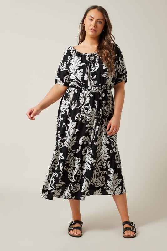 Evans EVANS Curve Black Abstract Print Tiered Midi Dress
