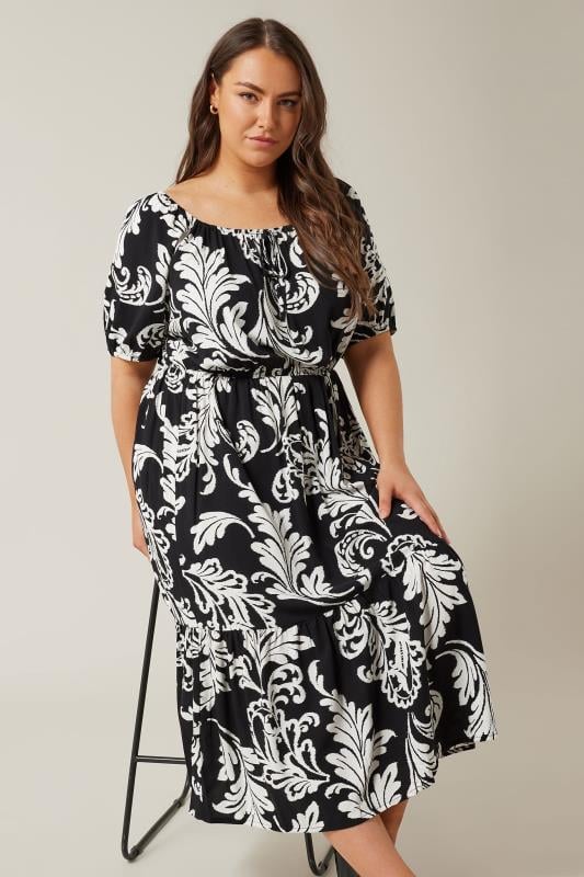 evans EVANS Curve Black Abstract Print Tiered Midi Dress
