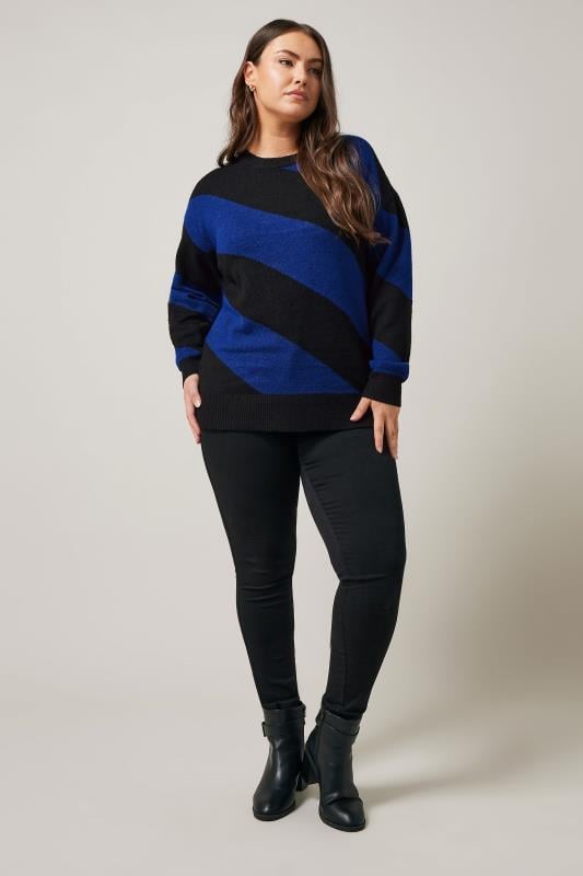 Evans EVANS Curve Black & Blue Diagonal Stripe Knitted Jumper