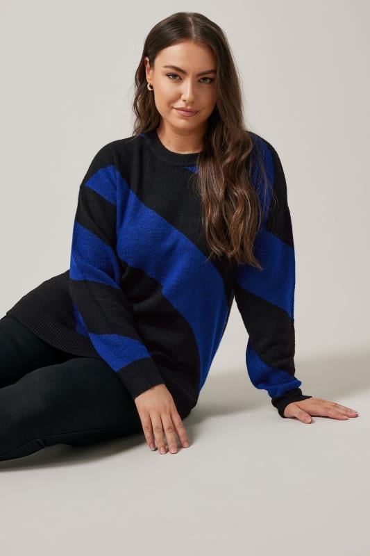 evans EVANS Curve Black & Blue Diagonal Stripe Knitted Jumper