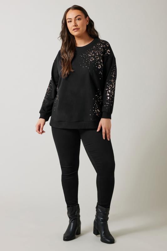 Evans EVANS Curve Black & Bronze Leopard Sequin Embellished Sweatshirt