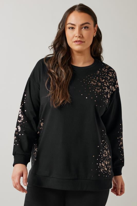 Evans EVANS Curve Black & Bronze Leopard Sequin Embellished Sweatshirt
