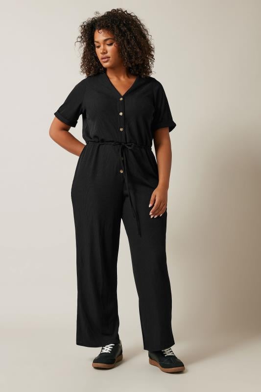 Evans EVANS Curve Black Button Front Jersey Jumpsuit