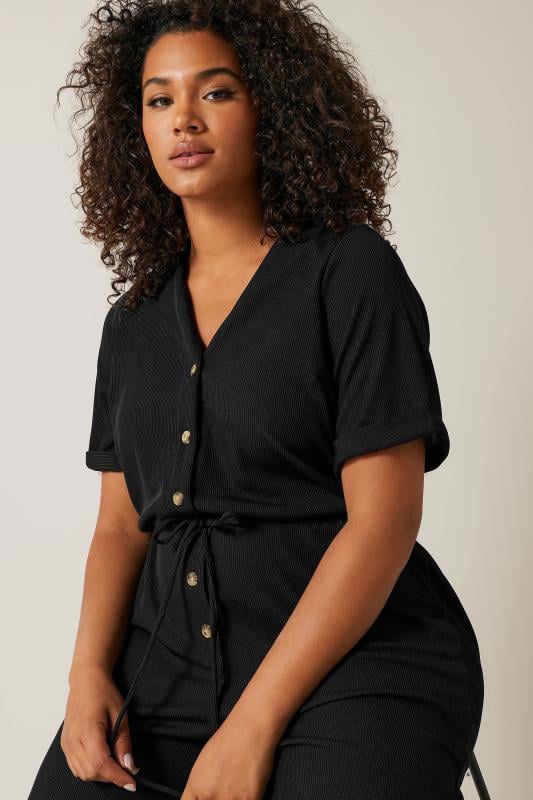 Evans EVANS Curve Black Button Front Jersey Jumpsuit