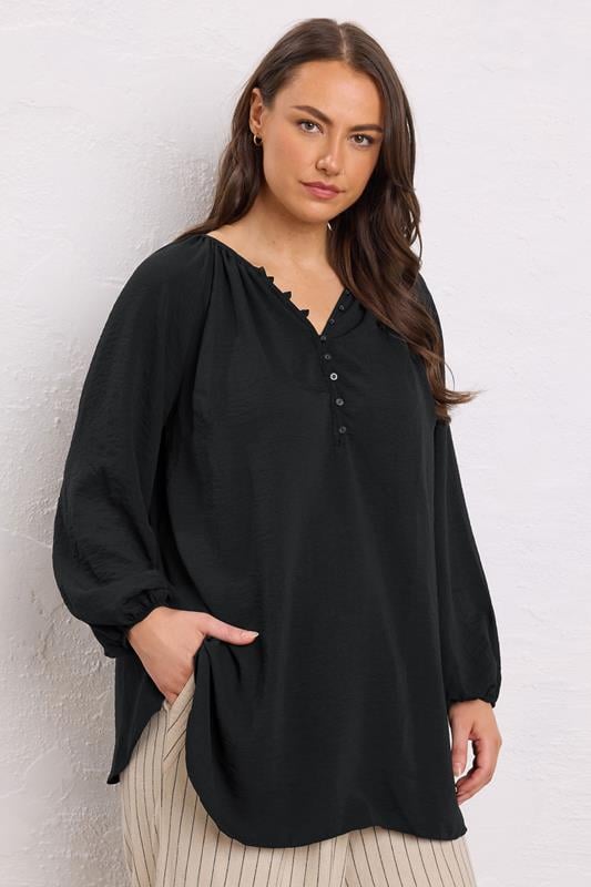 evans EVANS Curve Black Button Front Long Sleeve Blouse
