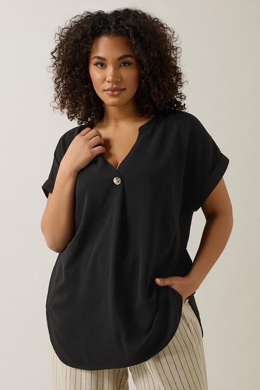Evans EVANS Curve Black Button Front Short Sleeve Blouse