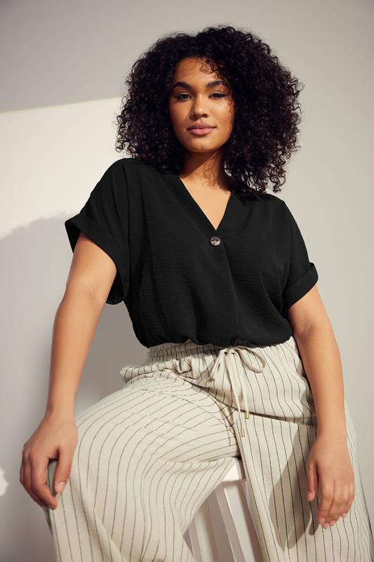 evans EVANS Curve Black Button Front Short Sleeve Blouse