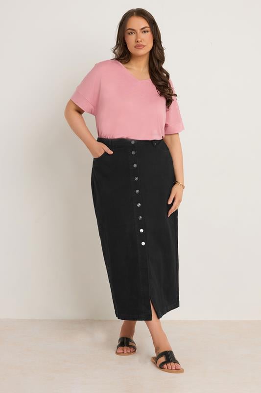 Evans EVANS Curve Black Button Through Denim Maxi Skirt