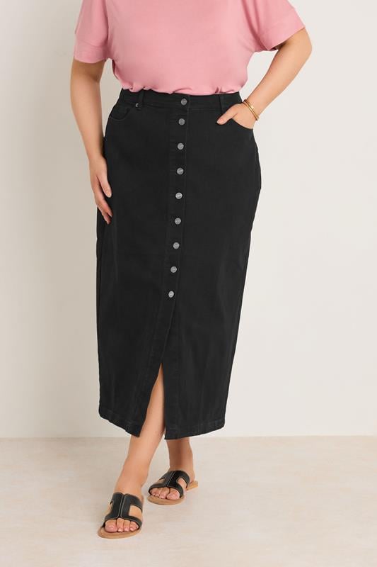 evans EVANS Curve Black Button Through Denim Maxi Skirt