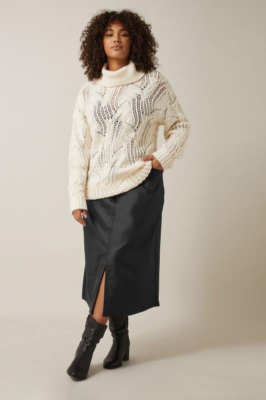 Evans EVANS Curve Black Coated Split Hem Midi Skirt