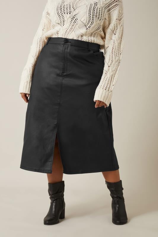 evans EVANS Curve Black Coated Split Hem Midi Skirt