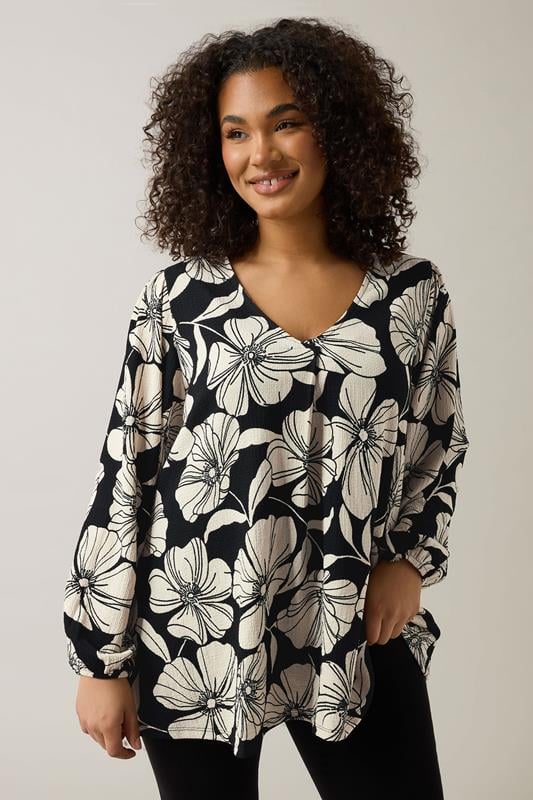 Evans EVANS Curve Black Contrast Floral Jersey Crepe Top